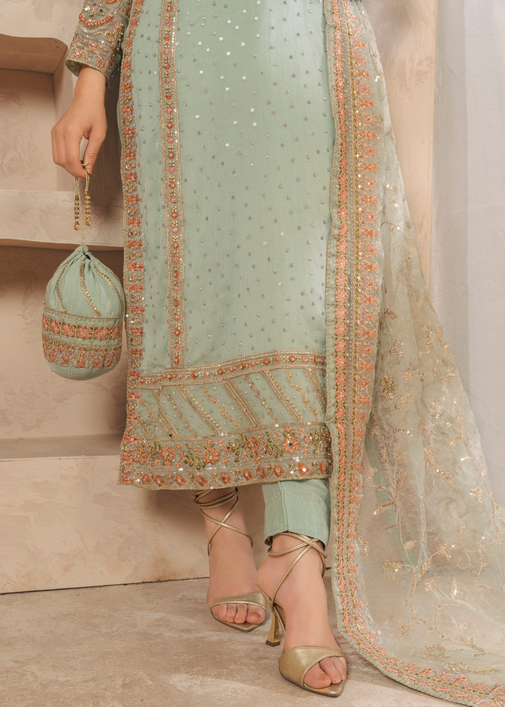 Embroidered Chiffon Long Kurta 3-Piece Suit – Pastel Green, Organza Dupatta