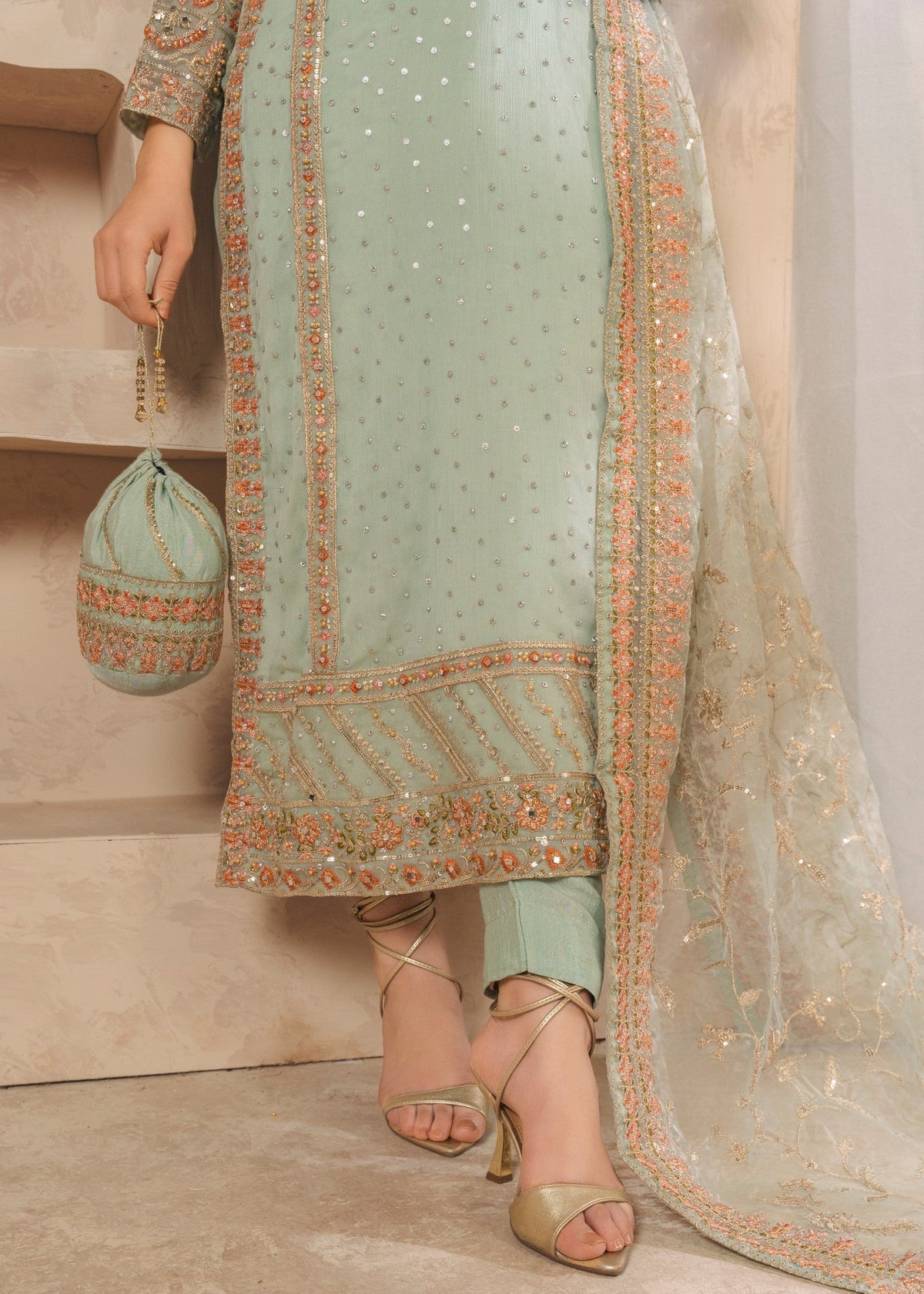 Embroidered Chiffon Long Kurta 3-Piece Suit – Pastel Green, Organza Dupatta
