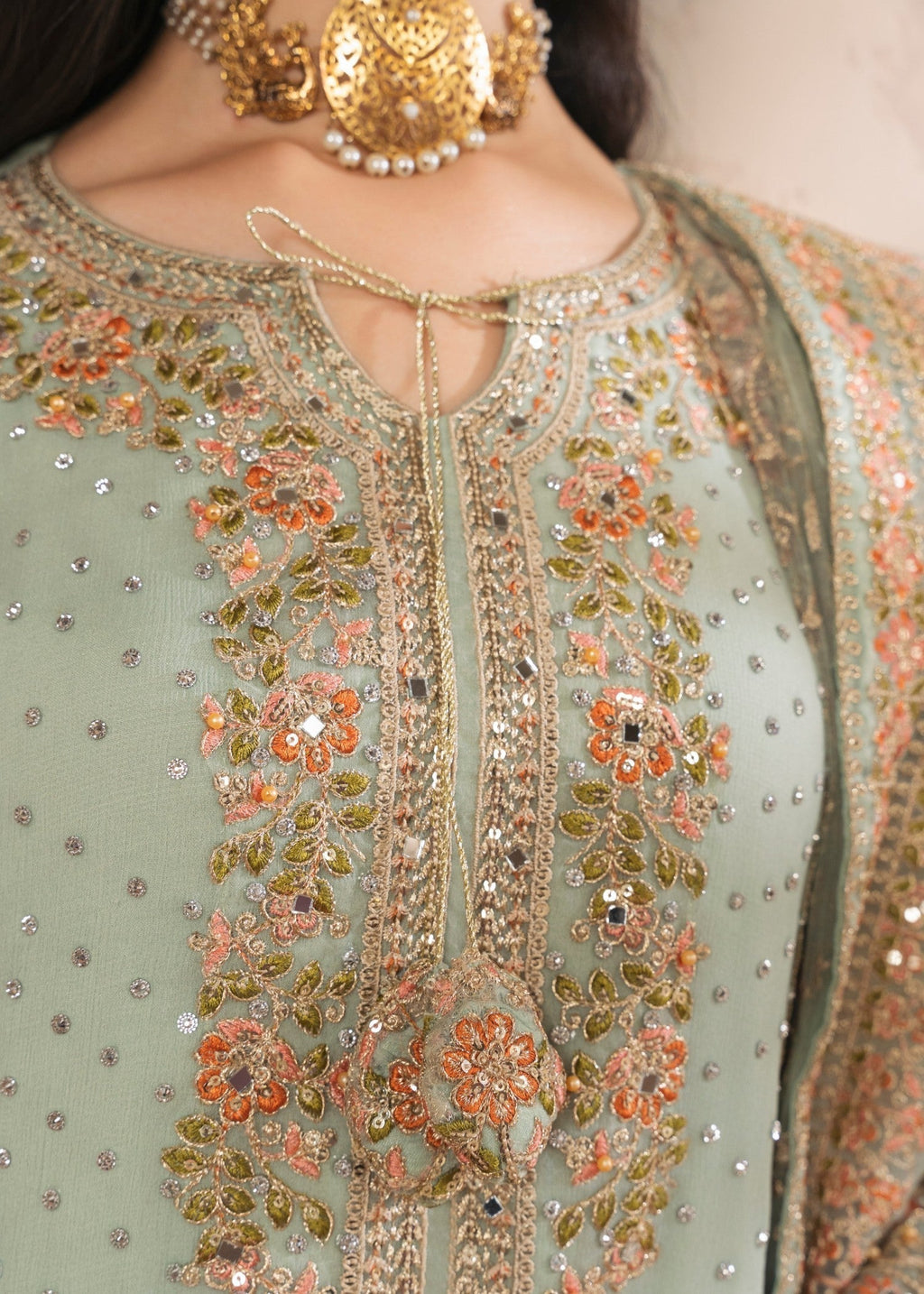 Embroidered Chiffon Long Kurta 3-Piece Suit – Pastel Green, Organza Dupatta
