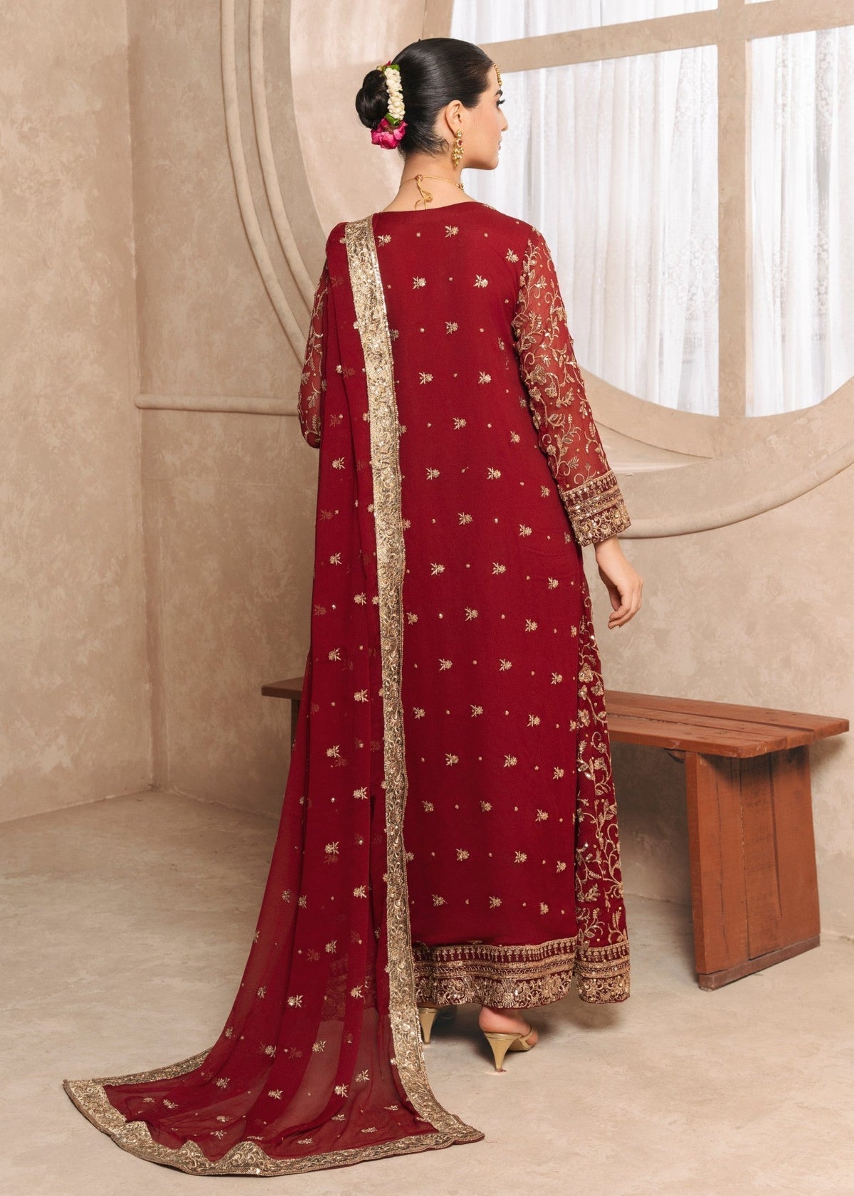 Embroidered Chiffon Long Angrakha 3-Piece Suit – Maroon, Formal Wear