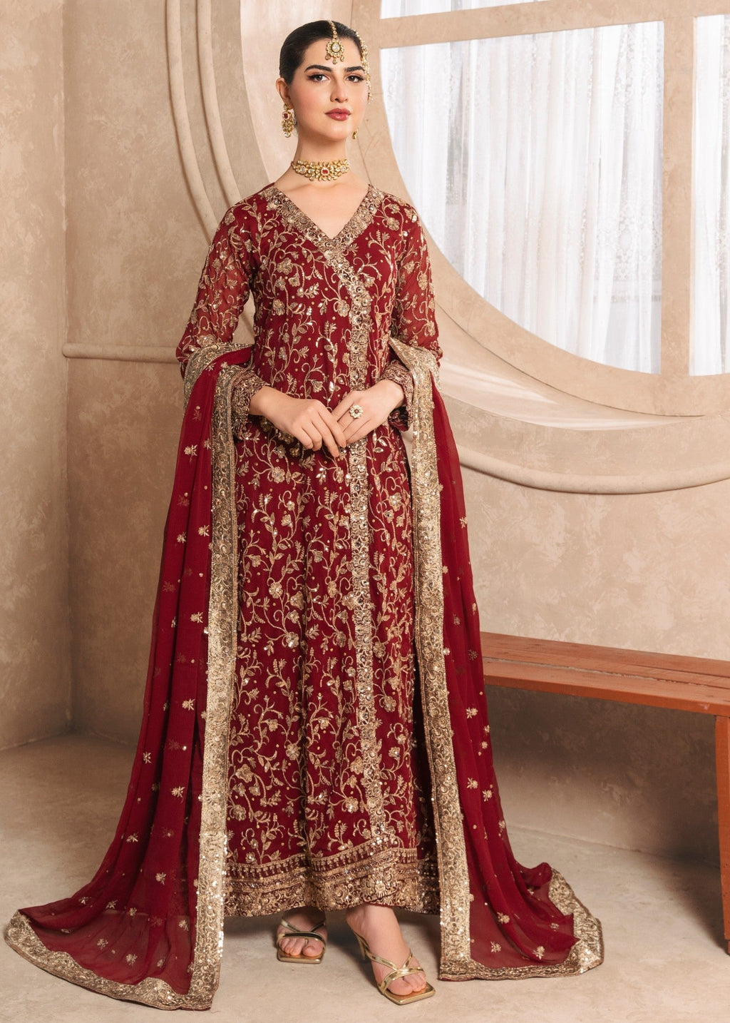Embroidered Chiffon Long Angrakha 3-Piece Suit – Maroon, Formal Wear