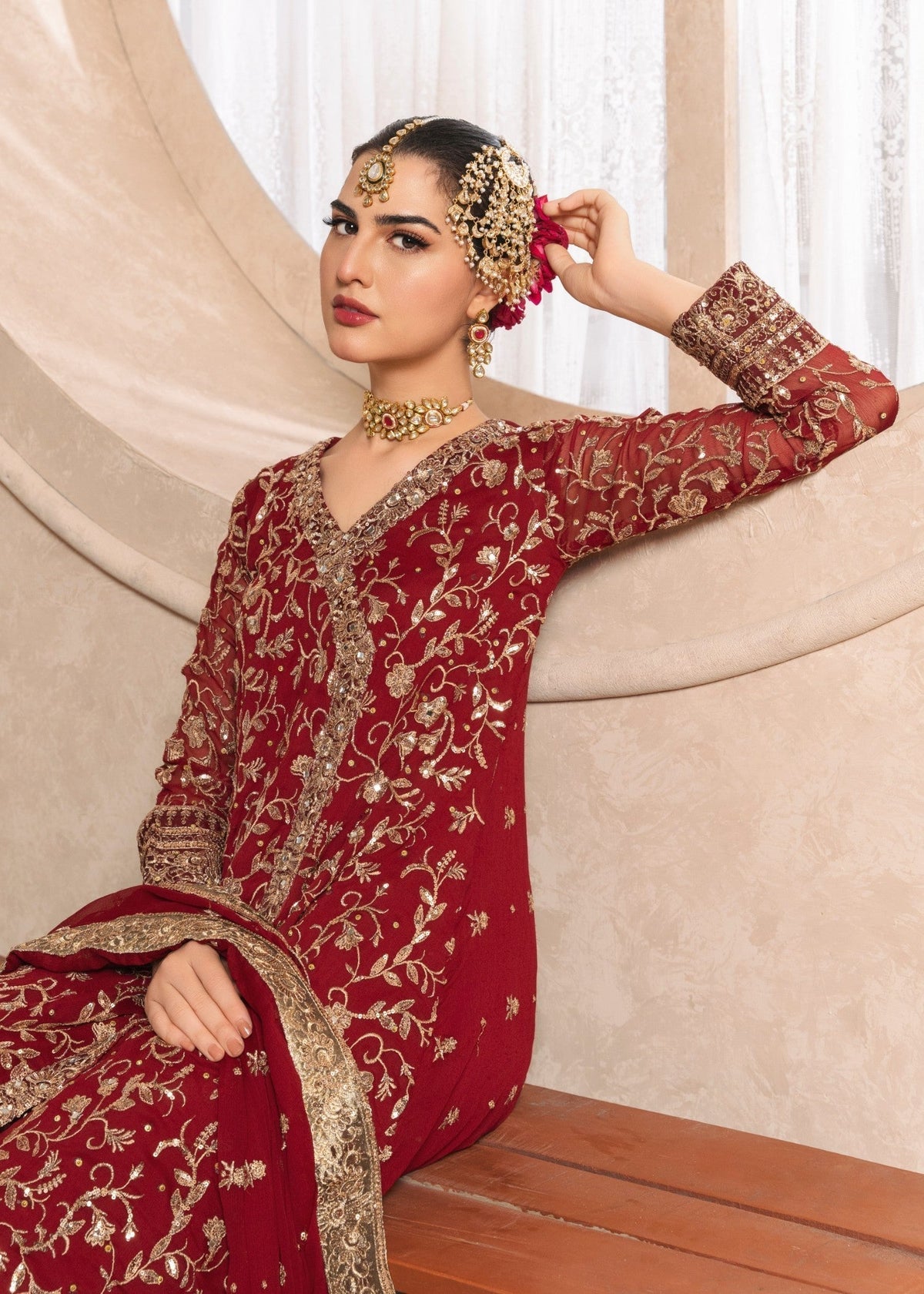 Embroidered Chiffon Long Angrakha 3-Piece Suit – Maroon, Formal Wear