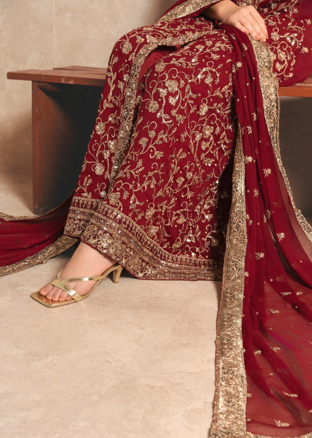 Embroidered Chiffon Long Angrakha 3-Piece Suit – Maroon, Formal Wear