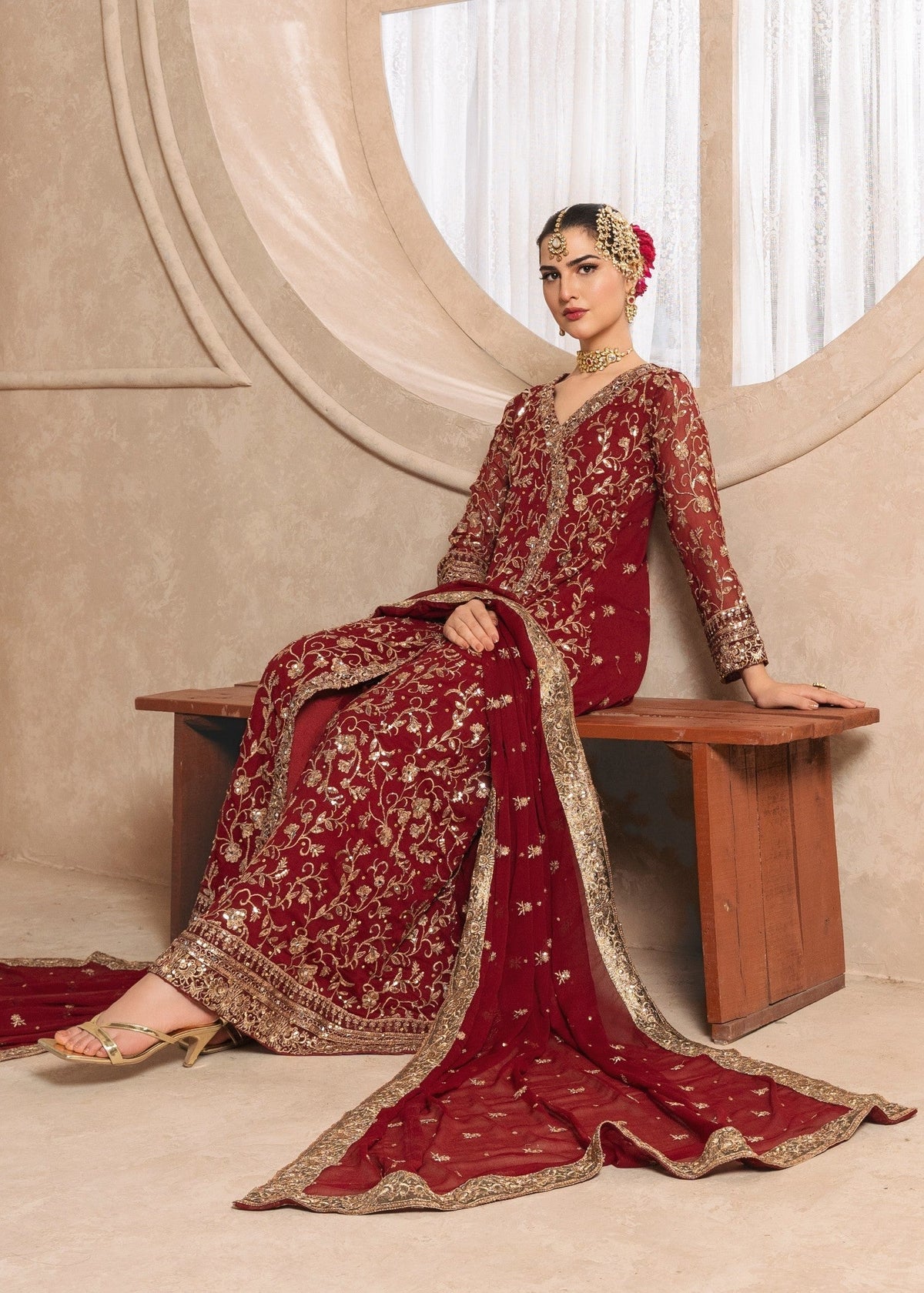 Embroidered Chiffon Long Angrakha 3-Piece Suit – Maroon, Formal Wear