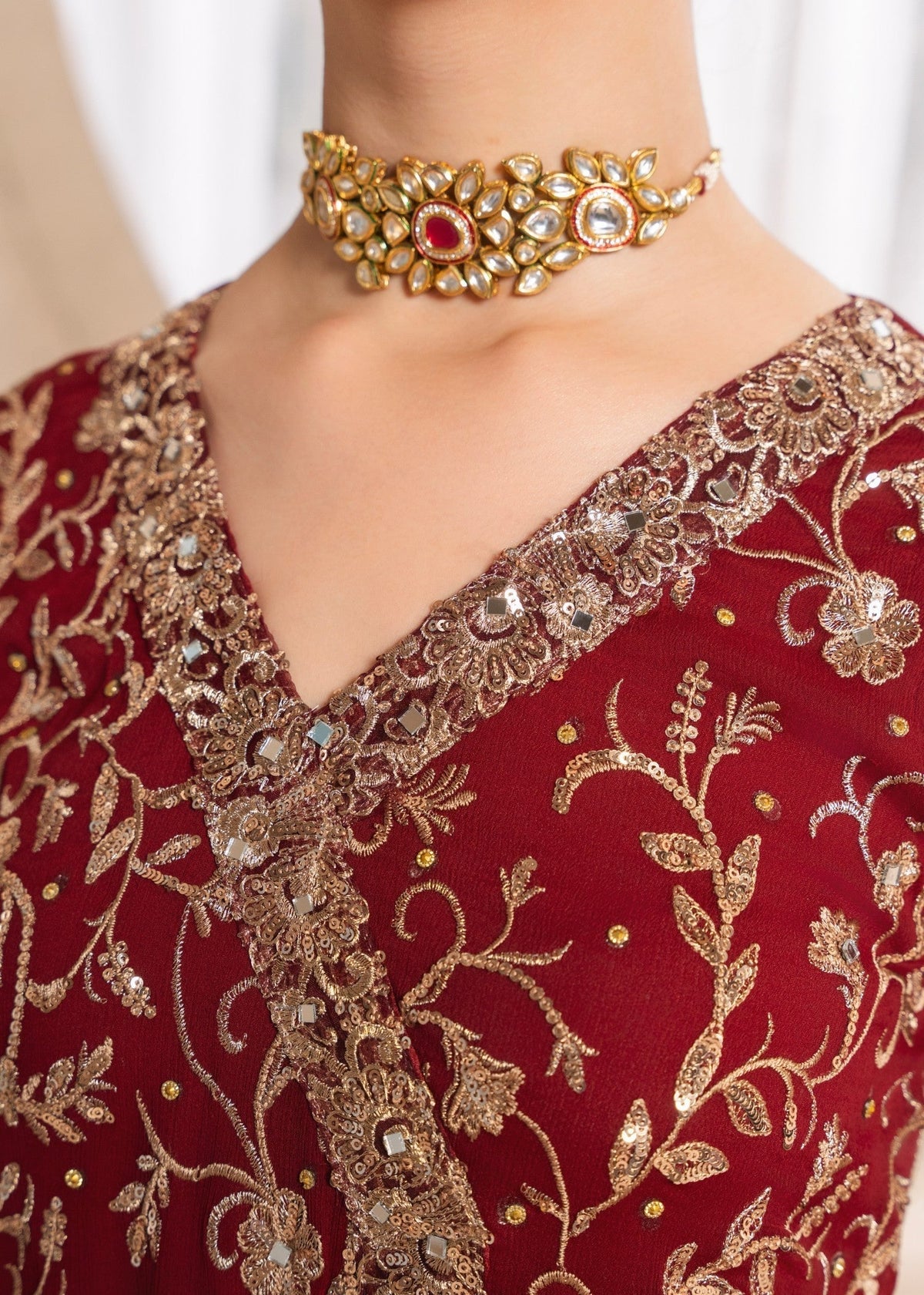 Embroidered Chiffon Long Angrakha 3-Piece Suit – Maroon, Formal Wear