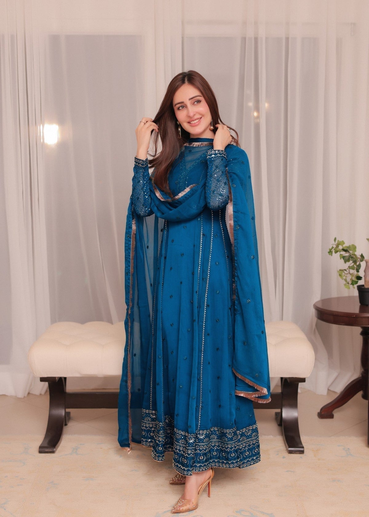 Embroidered Chiffon Flared Pishwas 4-Piece Suit – Blue