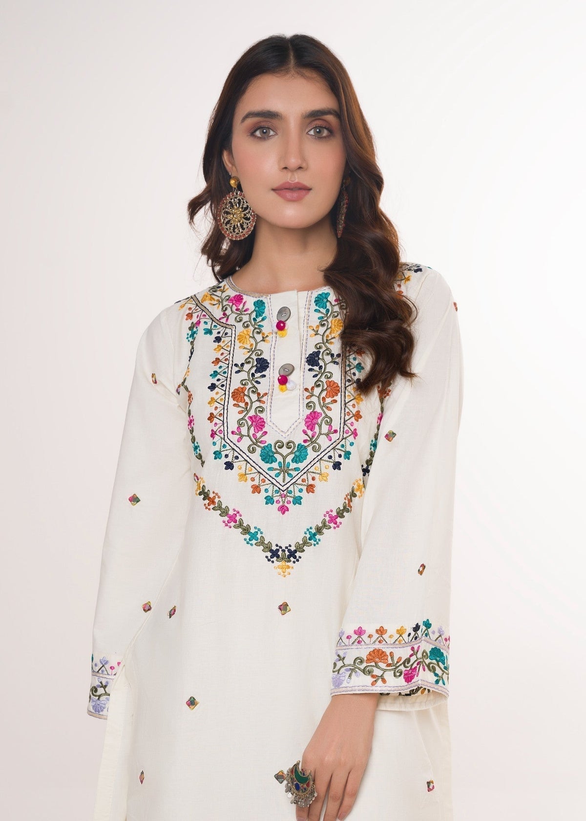 Printed Lawn Long Kurta 2-Piece Suit – Cream, Summer Wear