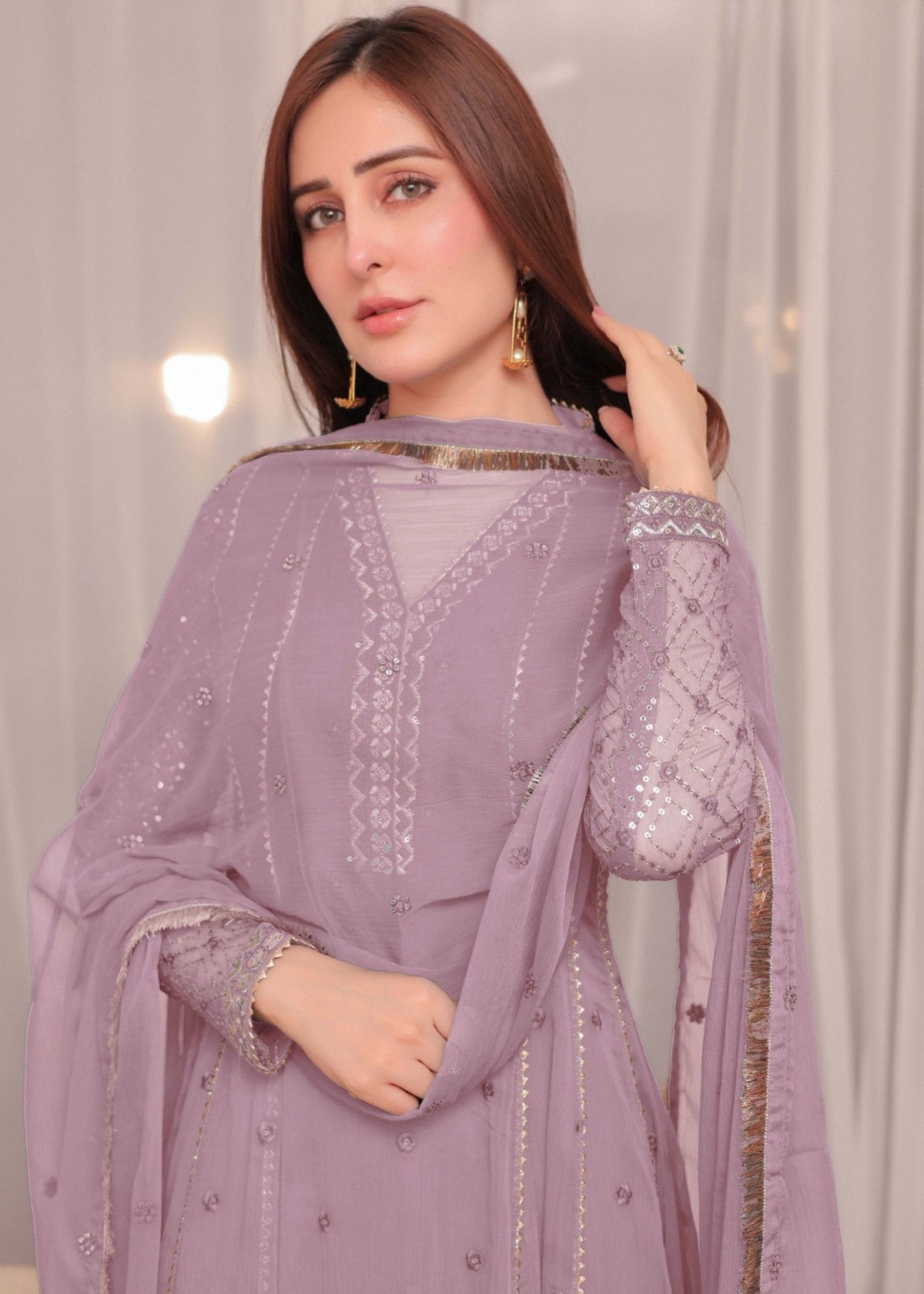 Embroidered Chiffon Floor-Length Anarkali 3-Piece Suit – Mauve Pink