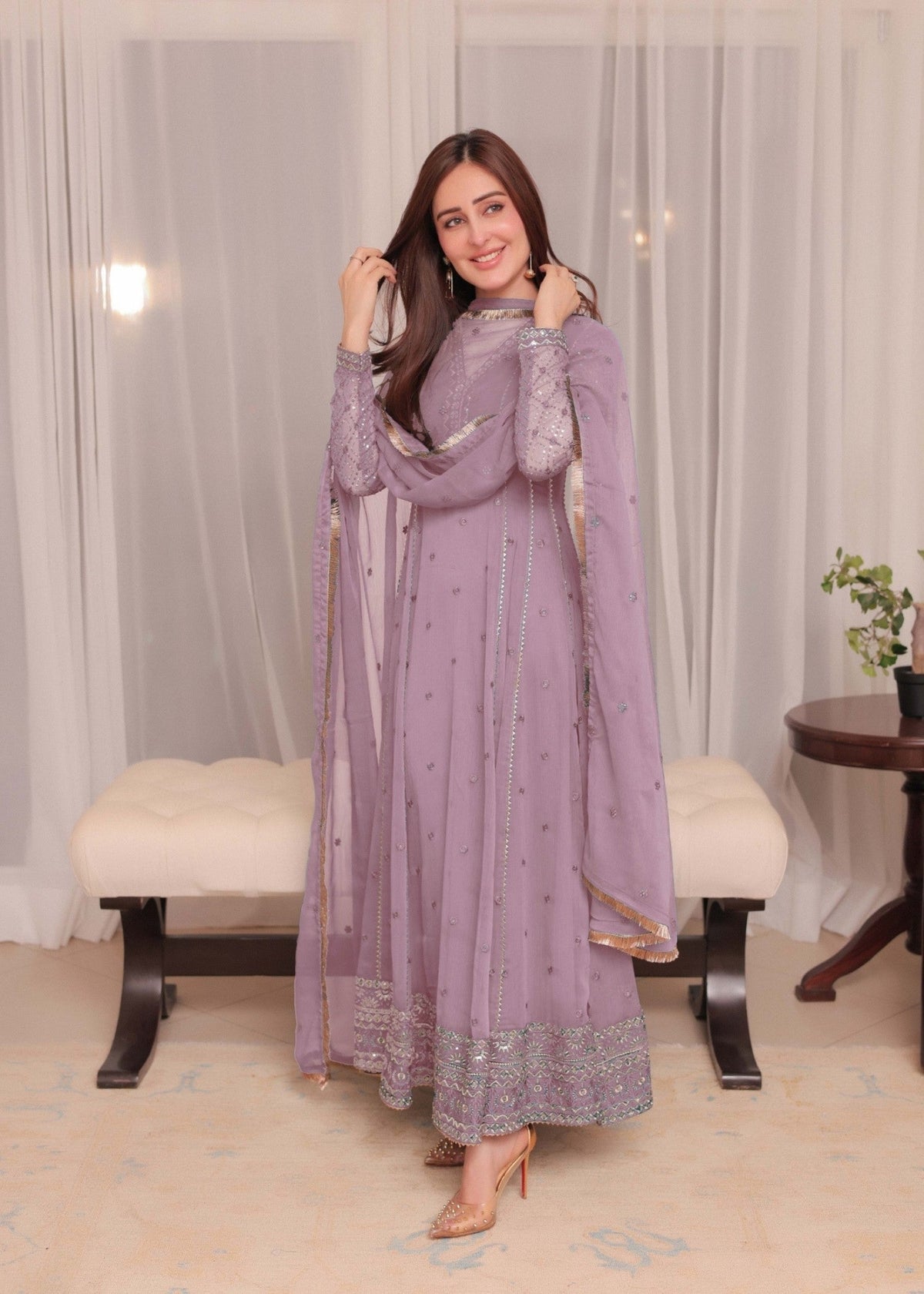 Embroidered Chiffon Floor-Length Anarkali 3-Piece Suit – Mauve Pink