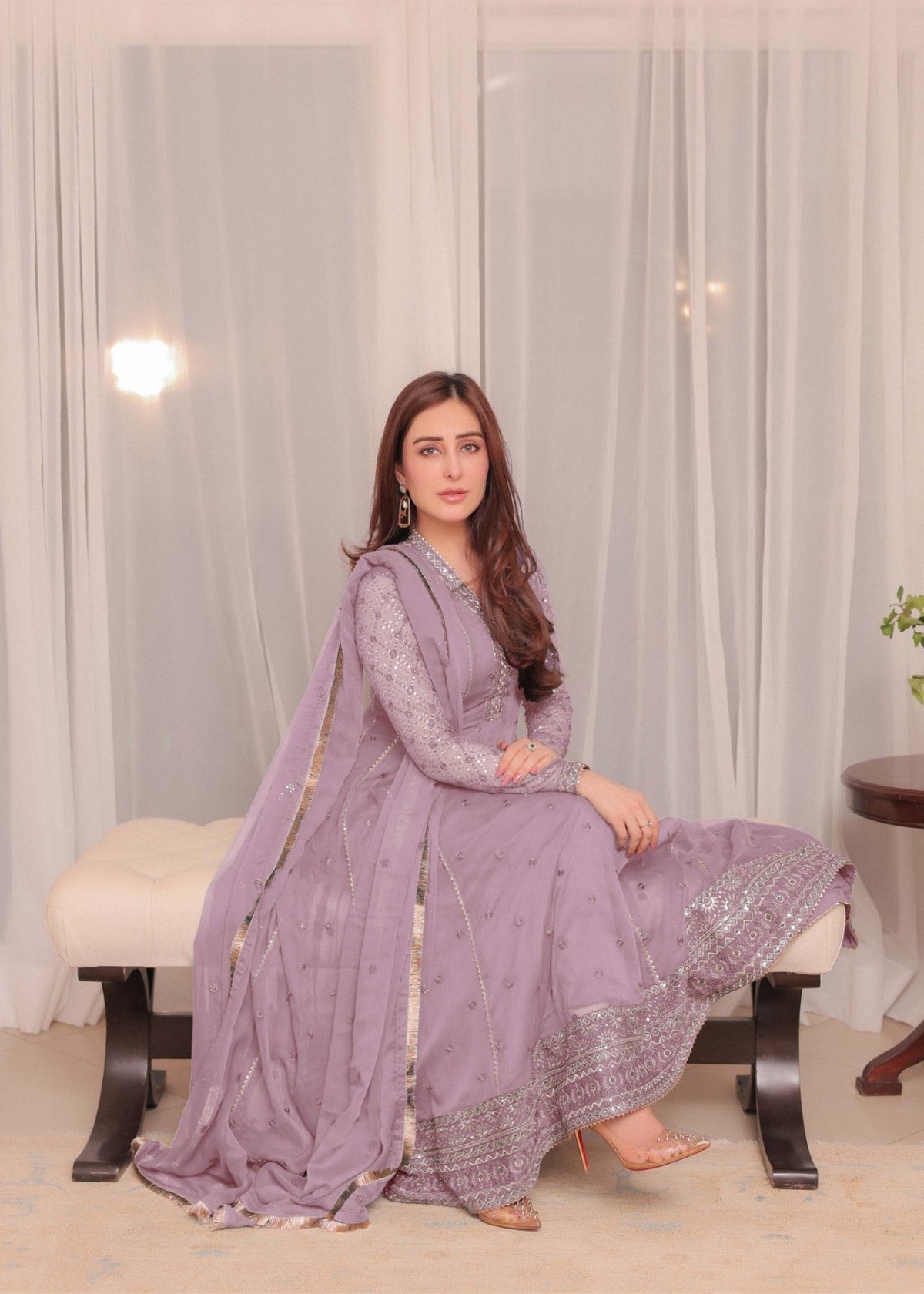 Embroidered Chiffon Floor-Length Anarkali 3-Piece Suit – Mauve Pink