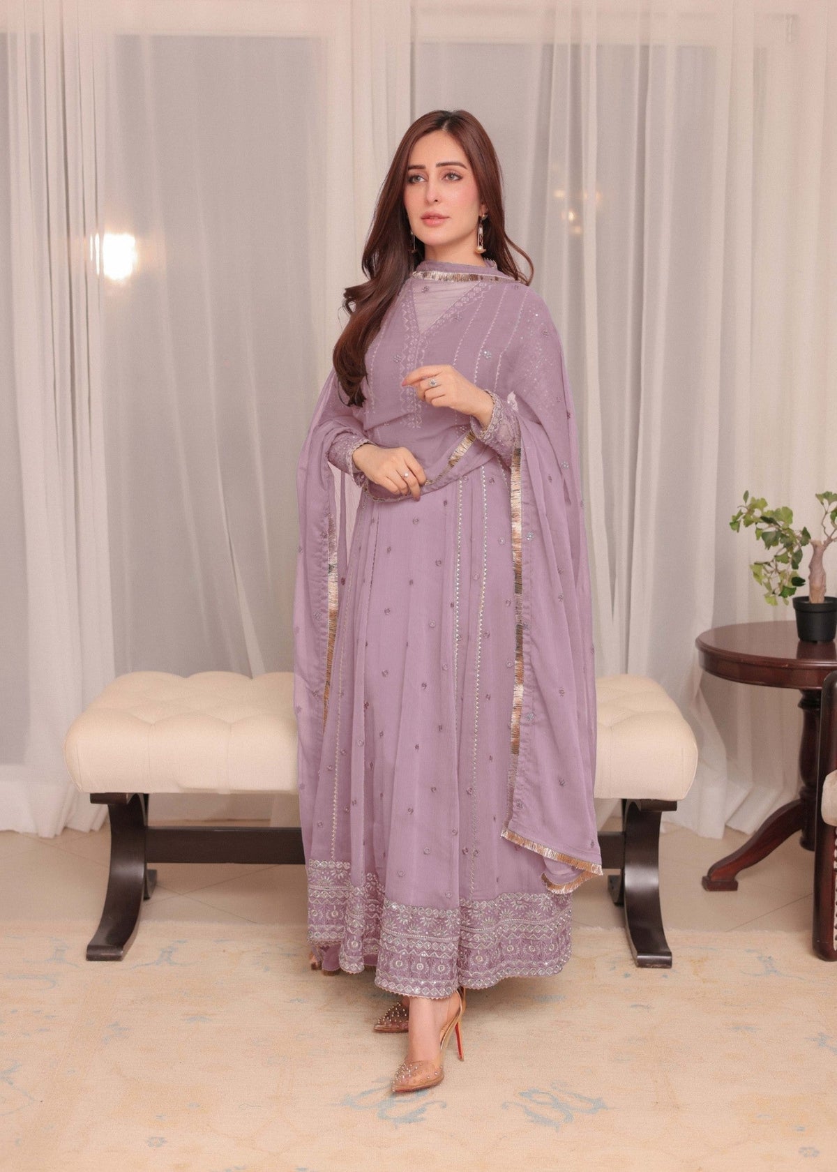 Embroidered Chiffon Floor-Length Anarkali 3-Piece Suit – Mauve Pink