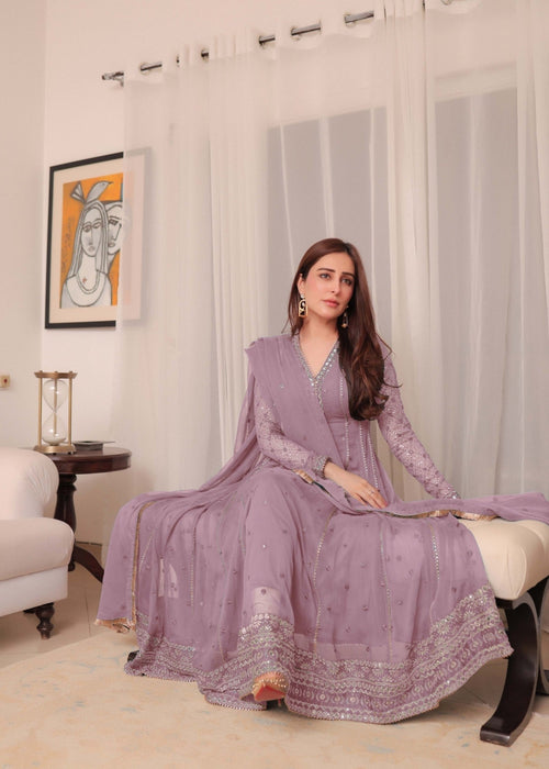 Embroidered Chiffon Floor-Length Anarkali 3-Piece Suit – Mauve Pink