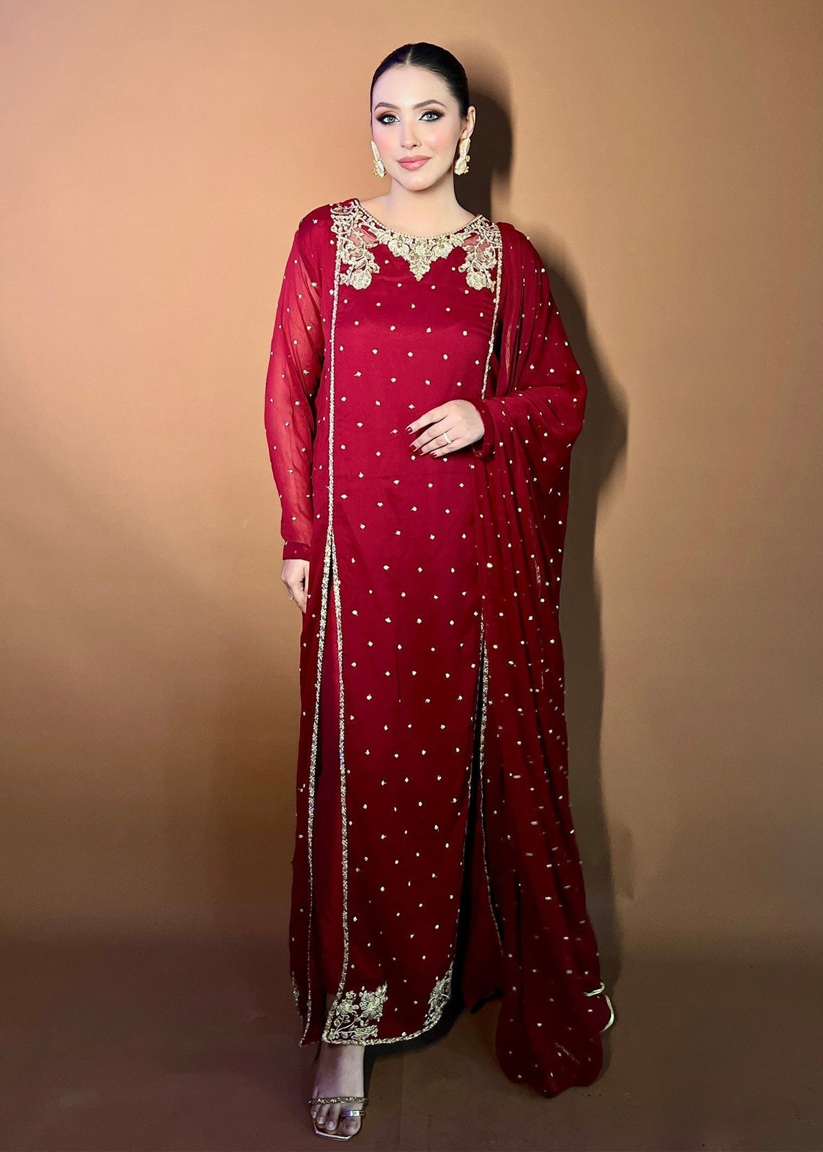 Embroidered Chiffon Flared Pishwas 3-Piece Suit – Maroon