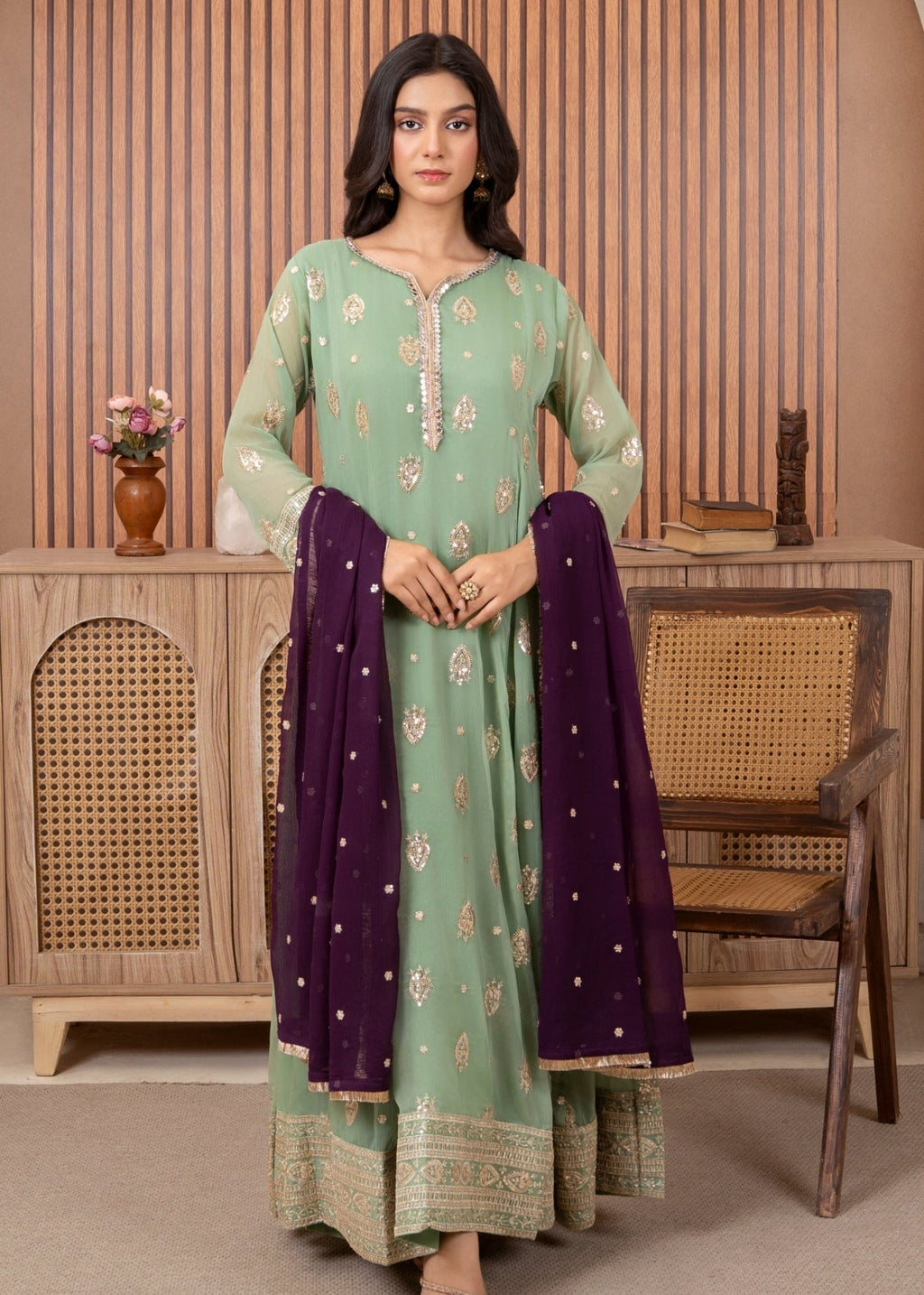 Embroidered Chiffon Floor-Length Pishwas 3-Piece Suit – Pastel Green