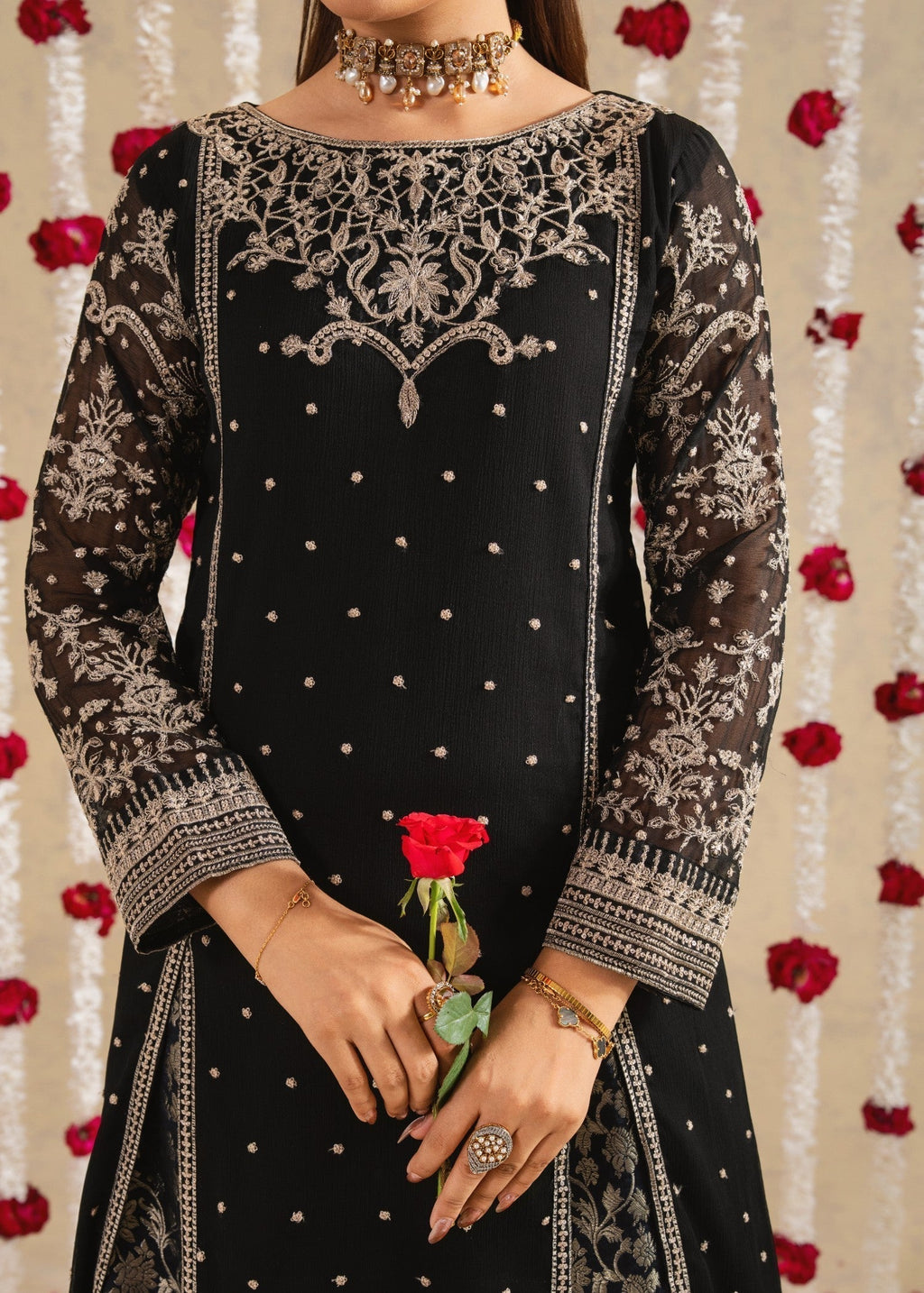 Embroidered Chiffon Straight Pishwas 3-Piece Suit – Black