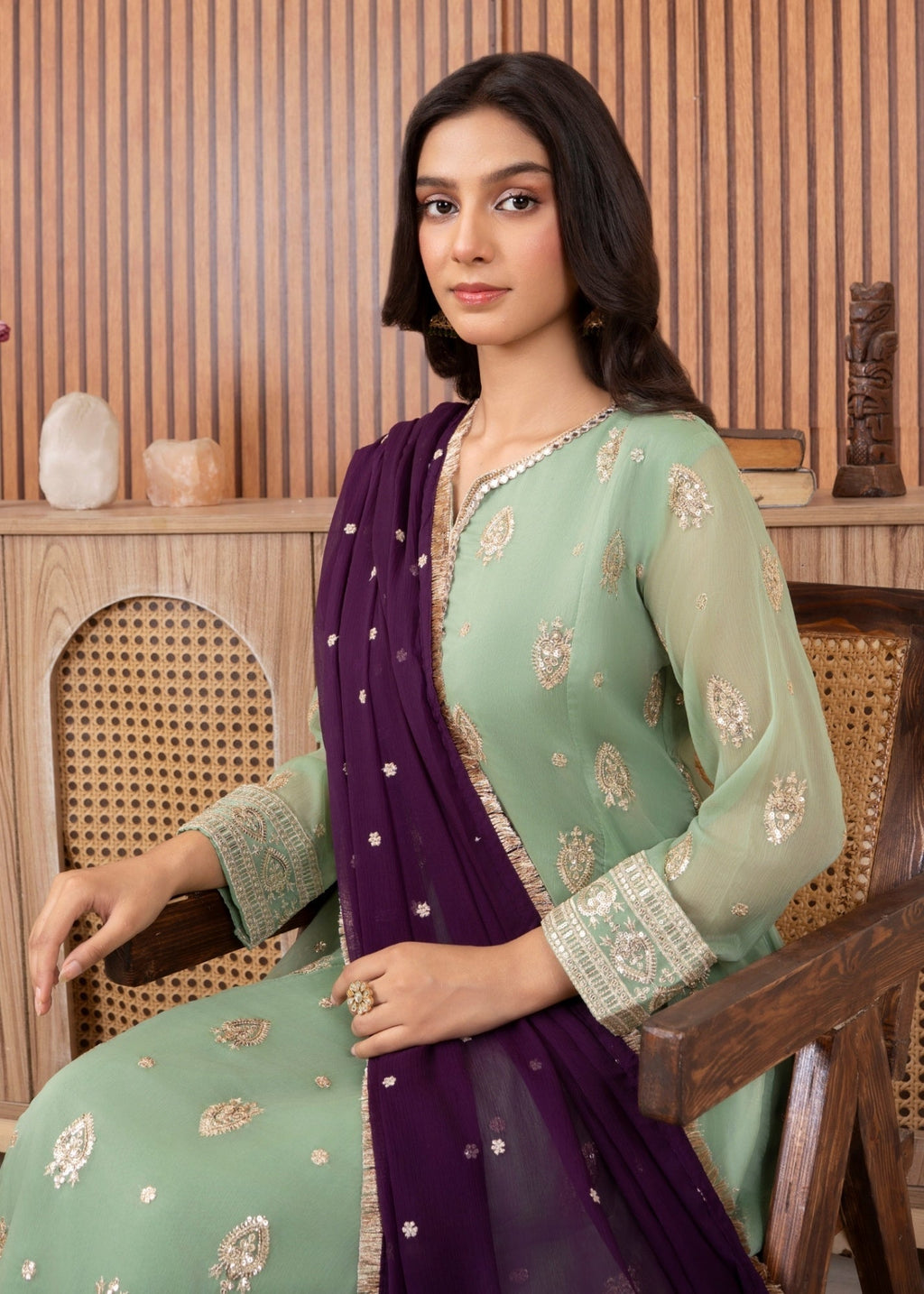 Embroidered Chiffon Floor-Length Pishwas 3-Piece Suit – Pastel Green