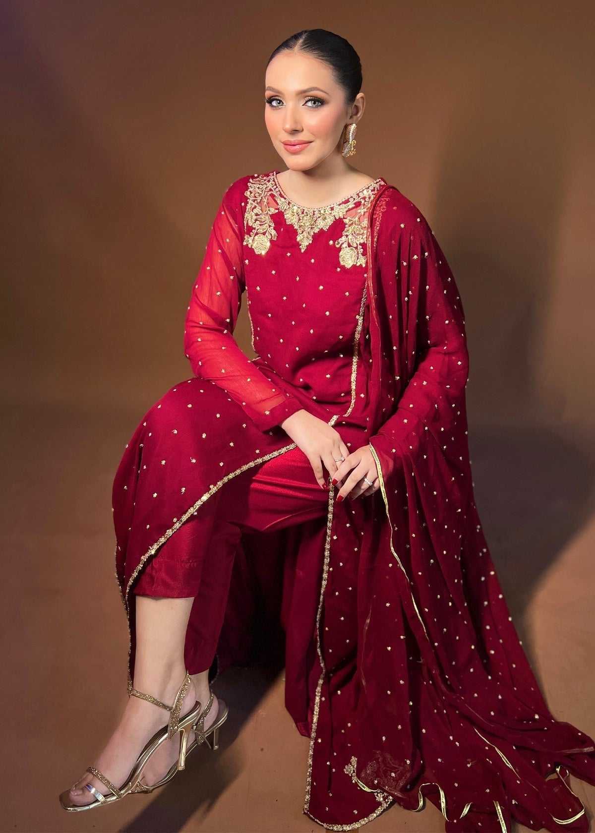 Embroidered Chiffon Flared Pishwas 3-Piece Suit – Maroon