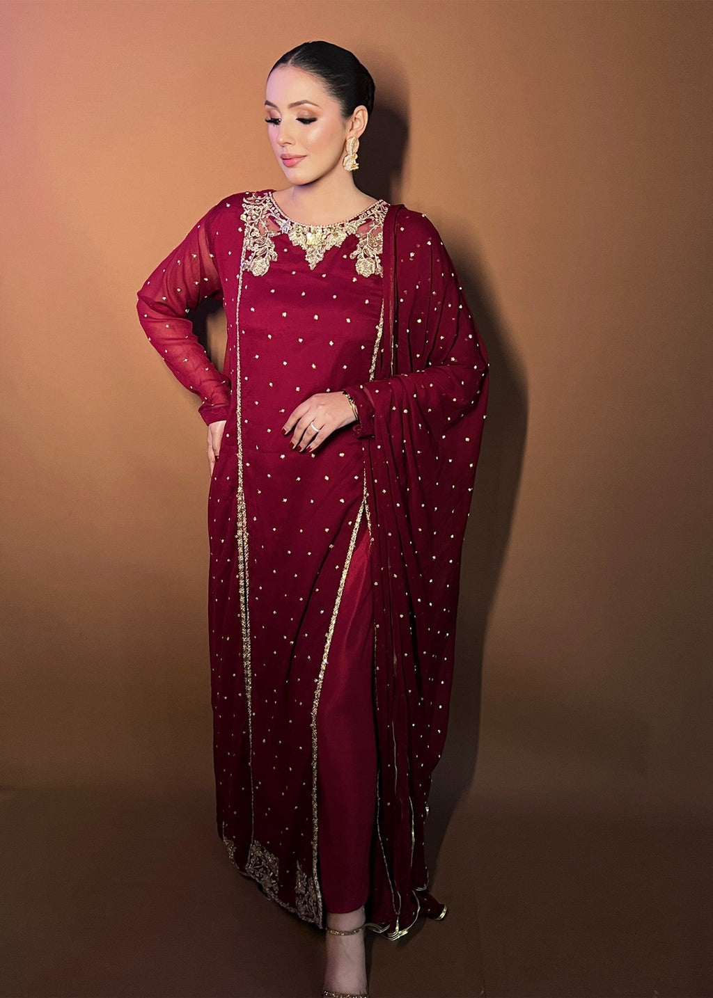 Embroidered Chiffon Flared Pishwas 3-Piece Suit – Maroon